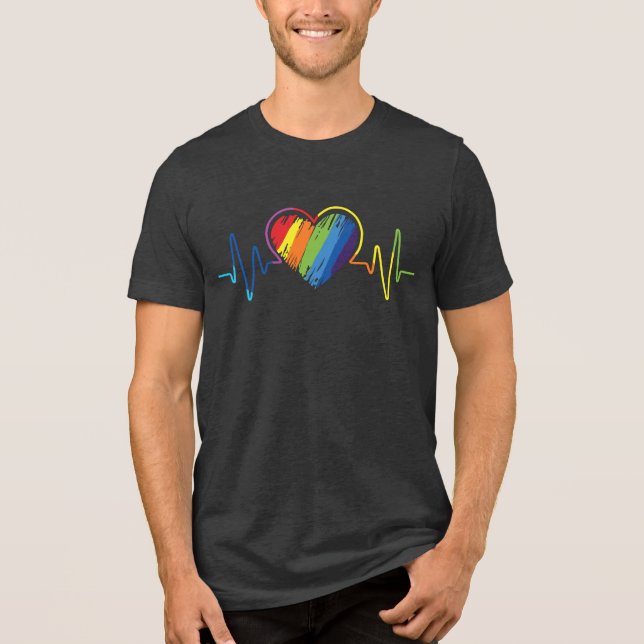 HBT-Pride Gay Lesbisk Modern regnbåghjärtslag T Shirt (Framsida)