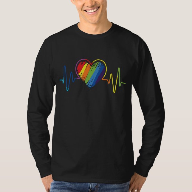 HBT-Pride Gay Lesbisk Modern regnbåghjärtslag T Shirt (Framsida)