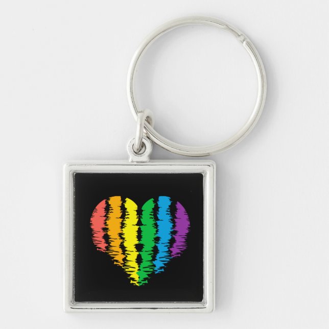 HBT+pride. Hjärtregn. Nyckelkedja Fyrkantig Silverfärgad Nyckelring (Framsidan)