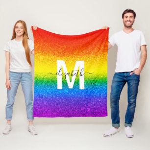 HBT-Pridet Rainbow Glitter Rand Monogram Namn Fleecefilt