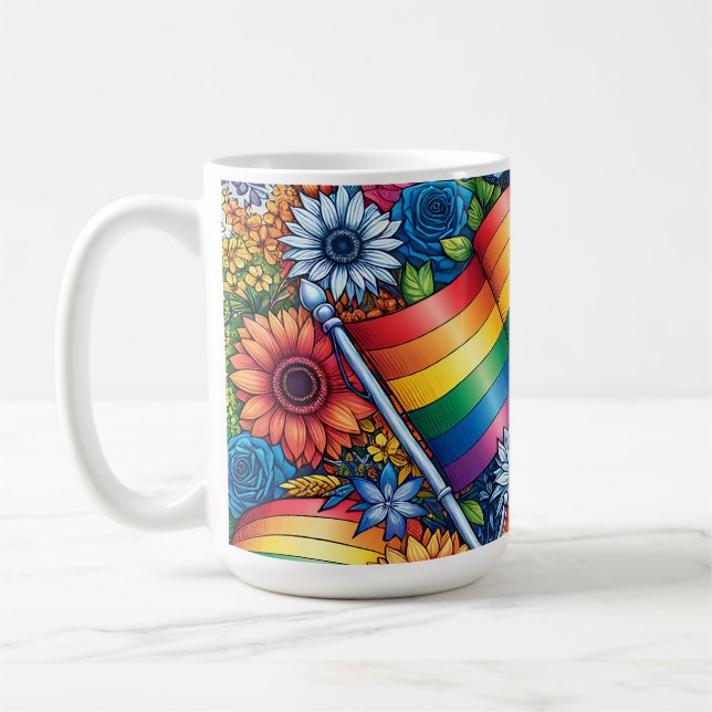 HBT QIA+ Pride Flaggor, Rainbows, Flowers Kaffemugg (Vänster)