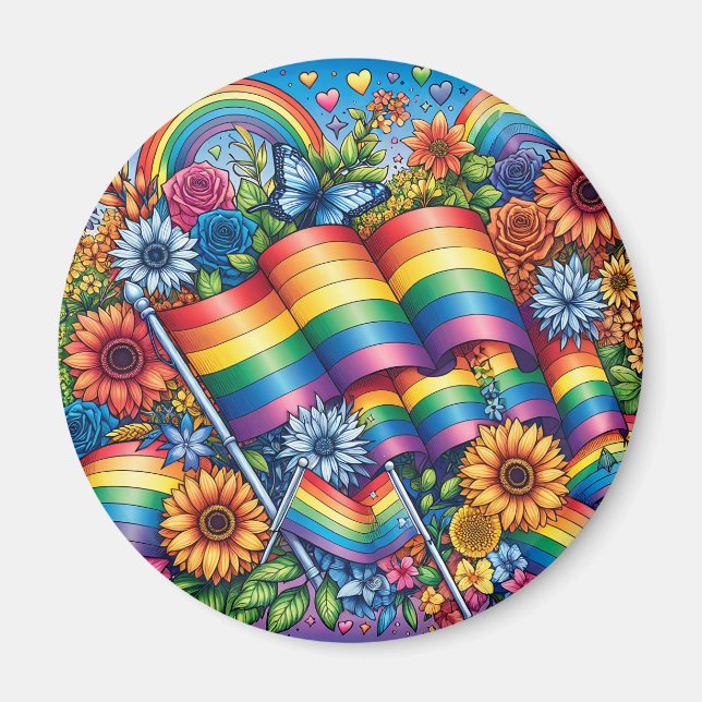 HBT QIA+ Pride Flaggor, Rainbows, Flowers Magnet (Framsidan)
