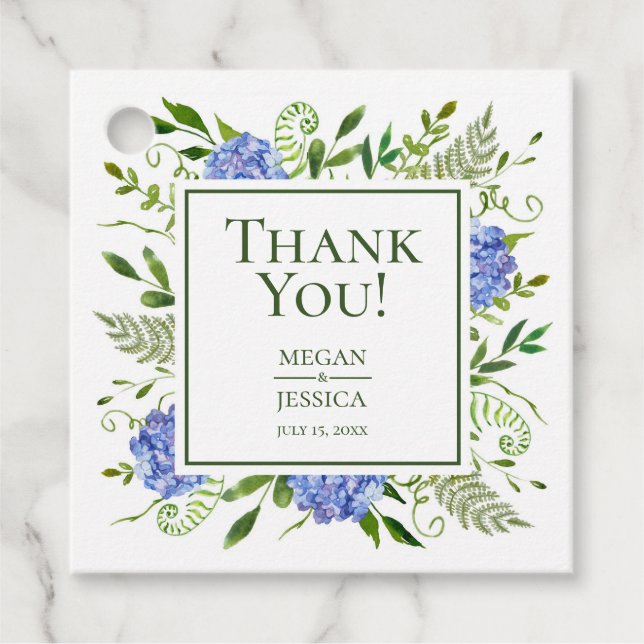 HBT TQ Blue Hydrangeas Blommigt Bröllop Tack Gåvor Etiketter (Framsida)