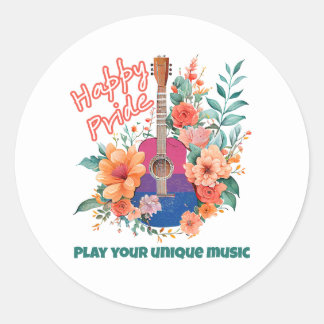 HBT TQ Lycklig Pride, Retro Guitar & Flowers, Bi Runt Klistermärke