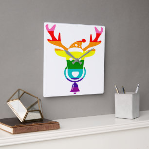 HBT TQ-Pridet Regnbåge Cute Reindeer Jul vid jul Fyrkantig Klocka