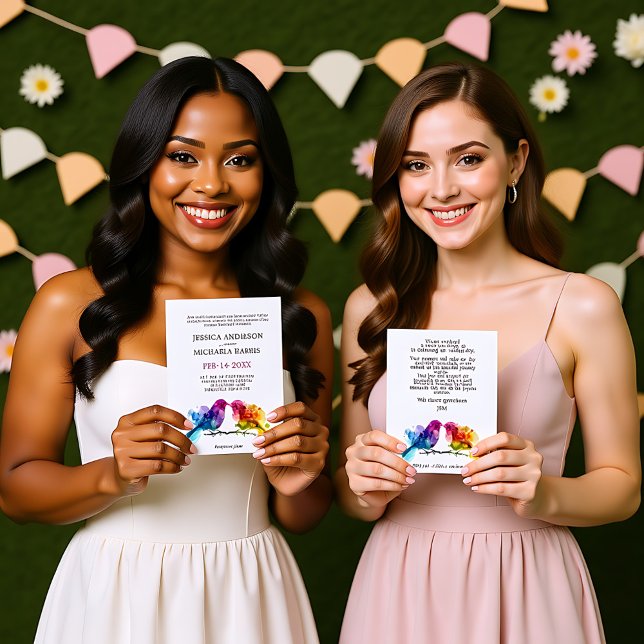 🌈 🐦 HBT TQ+ Regnbågslovfåglar bröllop Inbjudningar (LGBTQ+ Rainbow Lovebirds wedding Invitation)