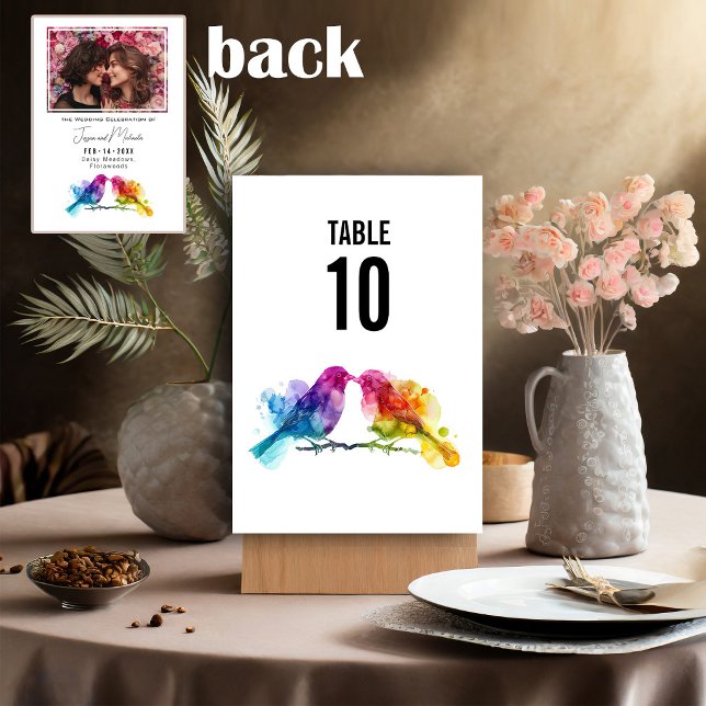 HBTQ+ bröllop Regnbåge Kärleksfåglar Bordsnummer (LGBTQ+ wedding Rainbow Lovebirds Table Number)