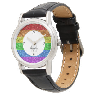 HBTQ-flagga levande regnbåge glitter gnista Monogr Armbandsur