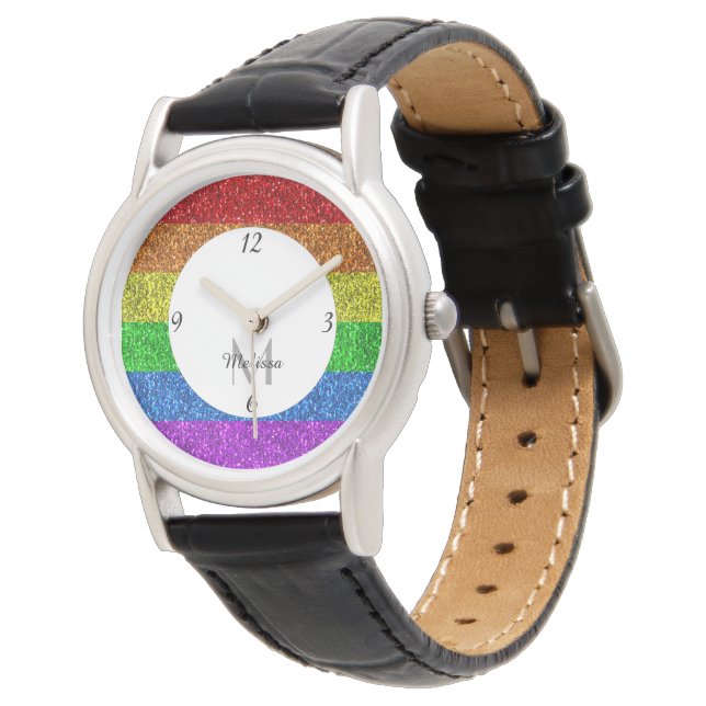 HBTQ-flagga levande regnbåge glitter gnista Monogr Armbandsur (Vinklad)