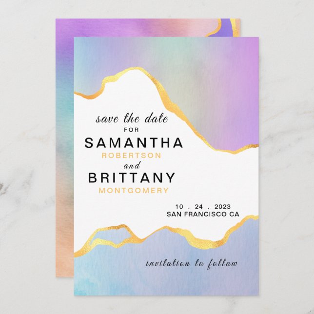 HBTQ Guld Regnbåge Akvarell Bröllop Spara datumet Inbjudningar (Fram/baksida)