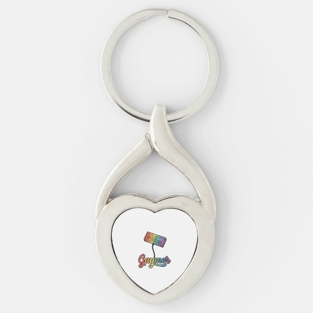 HBTQ-regnbåge Gamer Vector T-Shirt Design_1 Twisted Heart Silverfärgad Nyckelring (Framsidan)