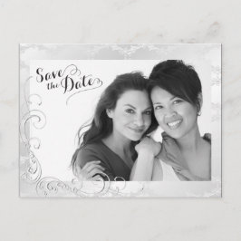 HBTQ Silver Damask Bröllopsfoto Spara Datumet Meddelande Vykort