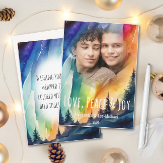 HBTQ vattenfärg julkort med norrsken foto