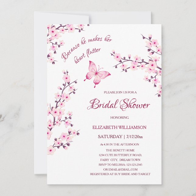 He Gives Her Butterflies | Sakura Bridal Shower Inbjudningar (Framsida)