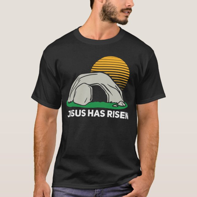 He Has Risen Easter Sunday Cave Jesus Christian Fa T Shirt (Framsida)