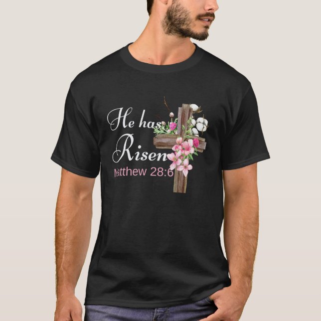 He Has Risen Pink Flower Cross Women Easter T Shirt (Framsida)