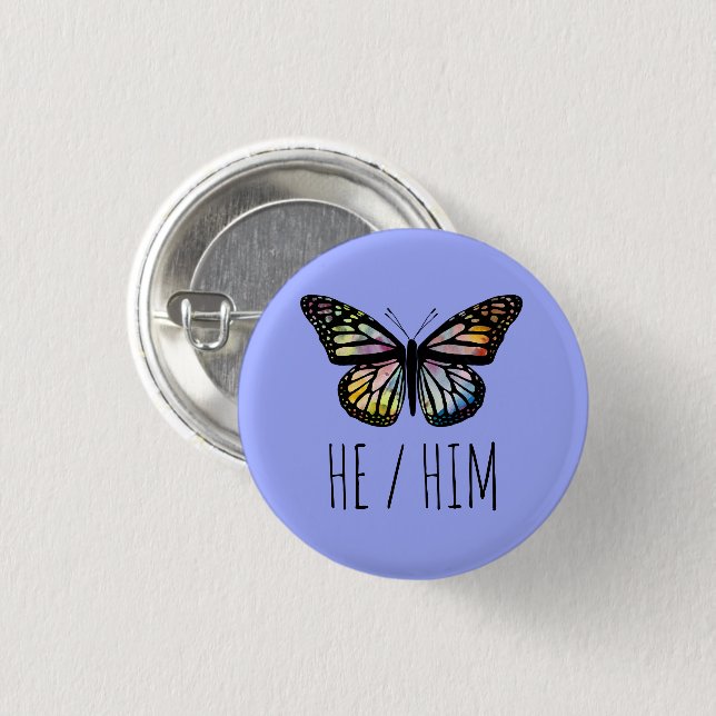 HE/HIM Pronouns Watercolor Butterfly Knapp (Framsida & baksida)