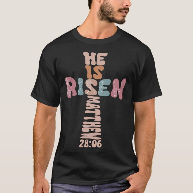 He Is Risen Cross Easter Jesus Religious Christian T Shirt (Framsida)