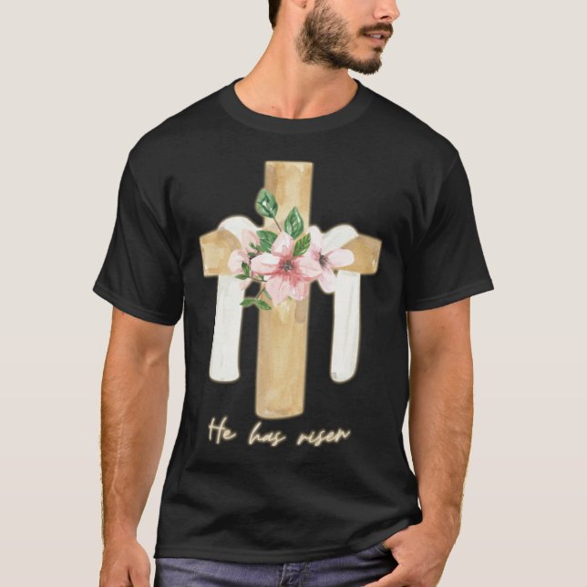 He Is Risen Cross Jesus Religious Easter Day Chris T Shirt (Framsida)