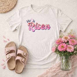 He Is Risen Cross Pink Floral Lettering Easter  T Shirt