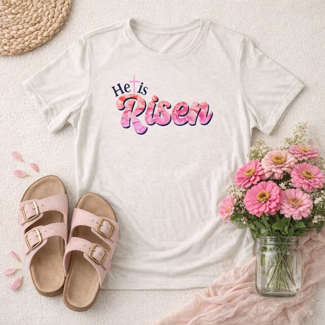 He Is Risen Cross Pink Floral Lettering Easter  T Shirt (He is Risen Pink Floral Script Font Easter Cross Shirt )