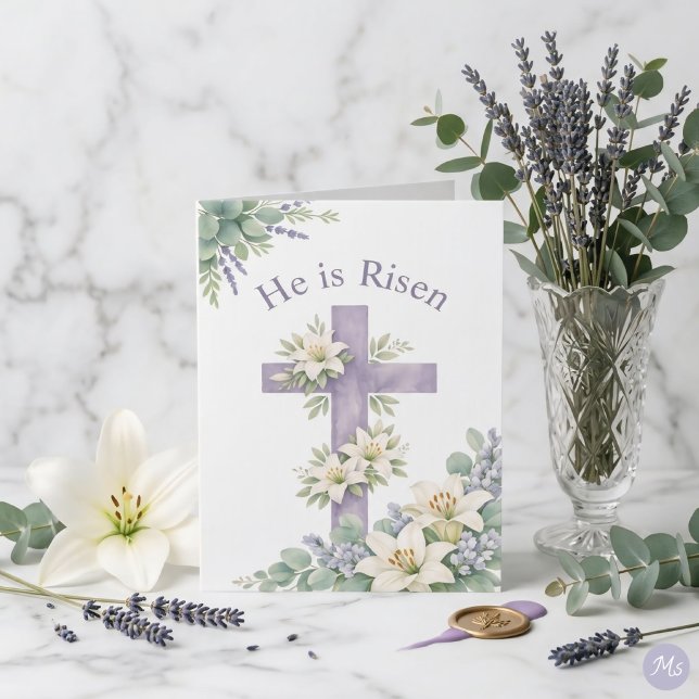 He is Risen Easter 2026 Religious Floral Cross Helgkort (Skapare uppladdad)
