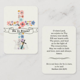 He Is Risen Easter Prayer Card Floral Cross Lamb Placeringskort