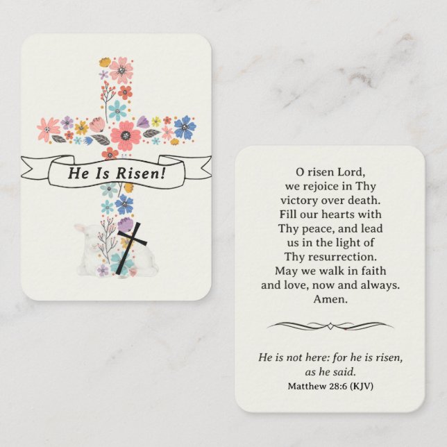 He Is Risen Easter Prayer Card Floral Cross Lamb Placeringskort (Fram/baksida)