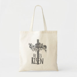 He Is Risen Floral Cross Canvas Tote Bag Tygkasse