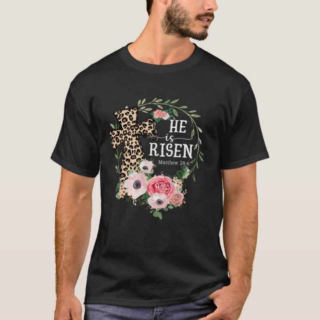 He Is Risen Happy Easter Day Jesus Leopard Christi T Shirt (Framsida)