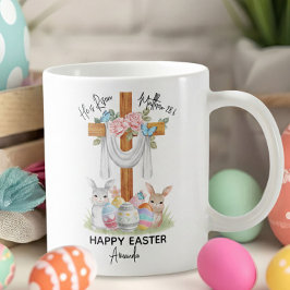 He is Risen Happy Easter Gift with Cross & Bunnies Kaffemugg