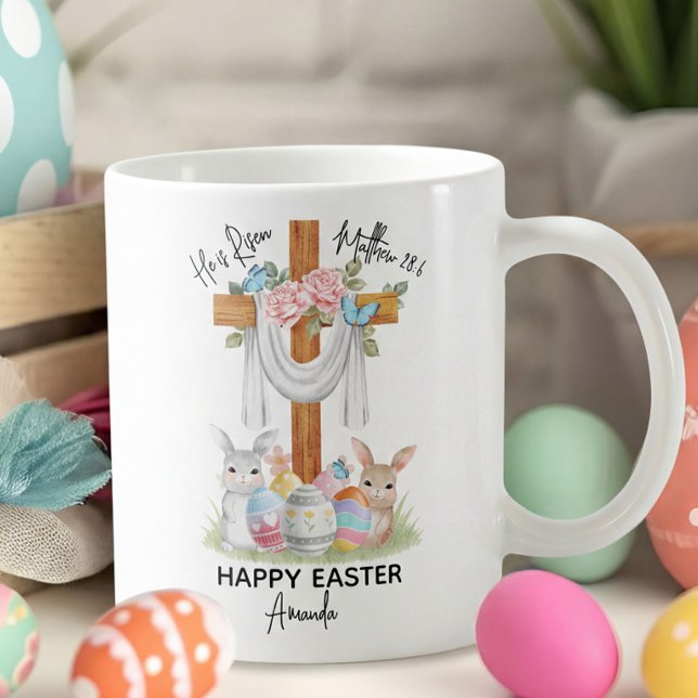 He is Risen Happy Easter Gift with Cross & Bunnies Kaffemugg (Skapare uppladdad)