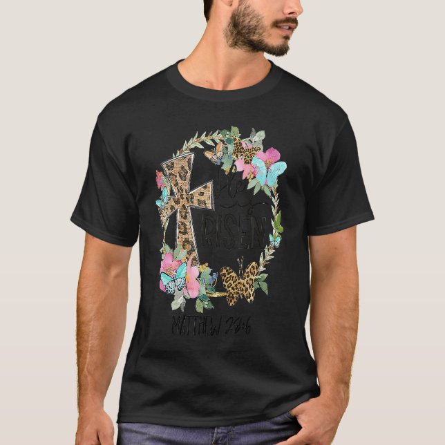 He Is Risen Jesus Christian Floral Leopard Cross B T Shirt (Framsida)