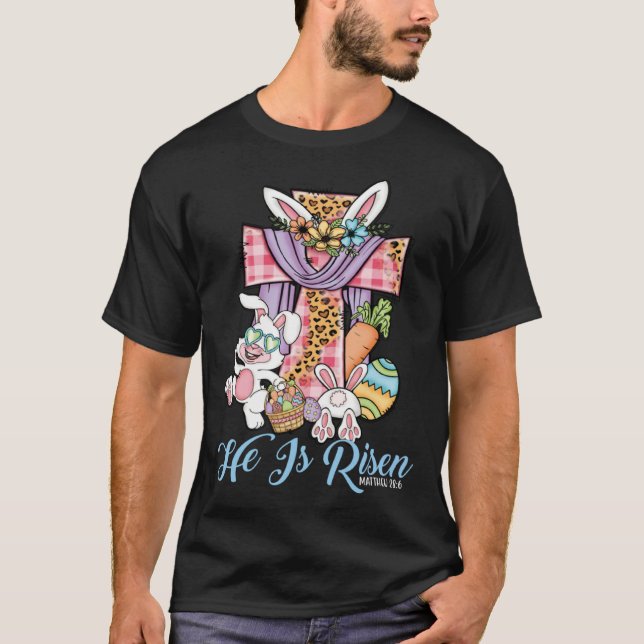 He is Risen Kids Leopard Cross Bunny Happy Easter  T Shirt (Framsida)
