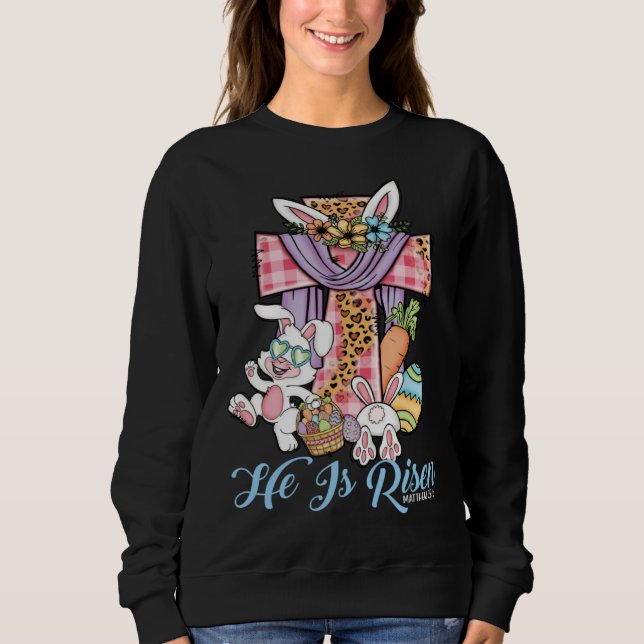 He is Risen Kids Leopard Cross Bunny Happy Easter  T Shirt (Framsida)