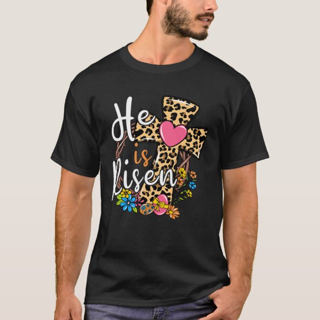 He is Risen Leopard Cross Bunny Happy Easter 2023  T Shirt (Framsida)