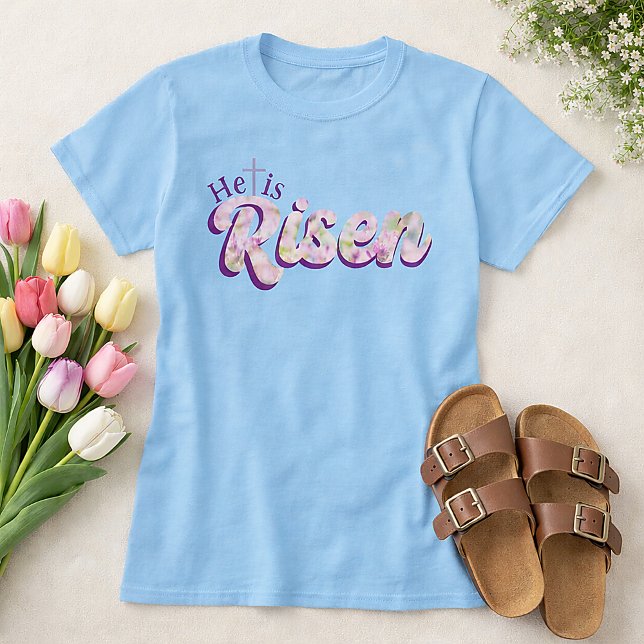 He Is Risen Purple Floral Script Christian Easter  T Shirt (He is Risen Purple Floral Script Light Blue Easter Shirt)