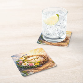 He Is Risen Religious Floral Crown of Thorns Underlägg Papper Kvadrat