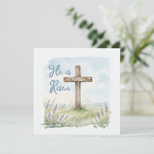 He Is Risen Watercolor Easter Cross Greeting Kort (Stående Fram)