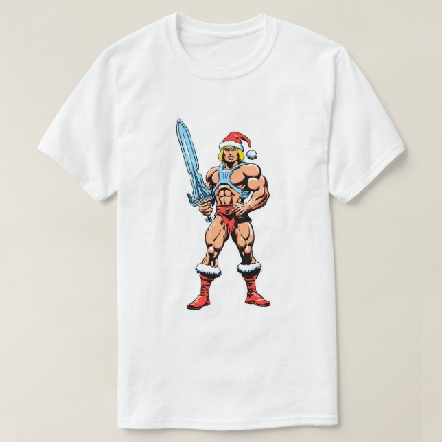 He Man Cartoon in Santa Hat – Retro Heman T Shirt (Design framsida)