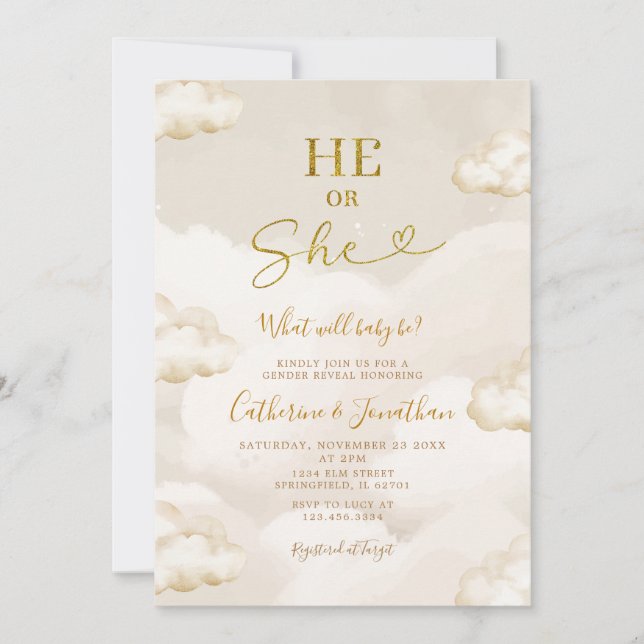 He Or She Boho Beige Clouds Gold Gender Reveal Inbjudningar (Framsida)