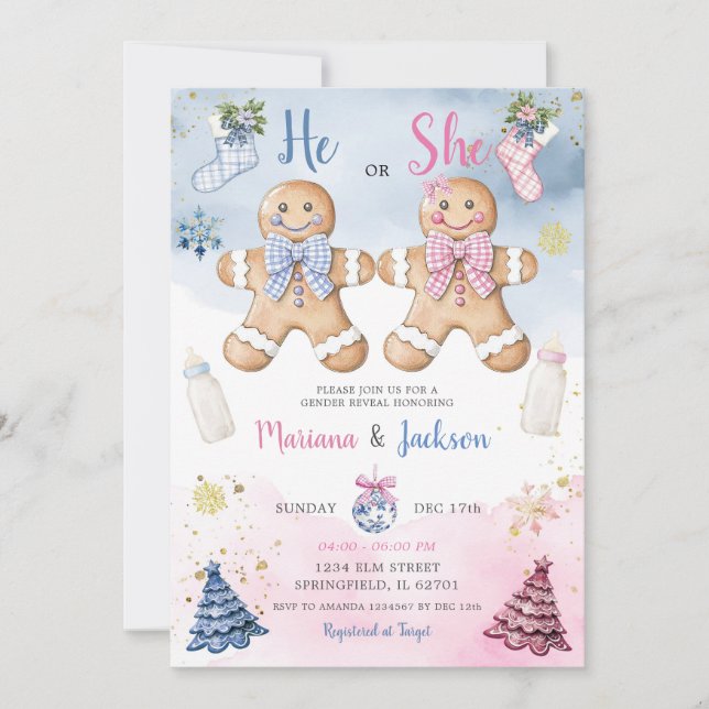 He or She Cookies Gingerbread Gender Reveal Inbjudningar (Framsida)