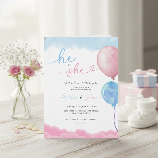 He or She Cute Pink & Blue Balloons Gender Reveal Inbjudningar (Skapare uppladdad)