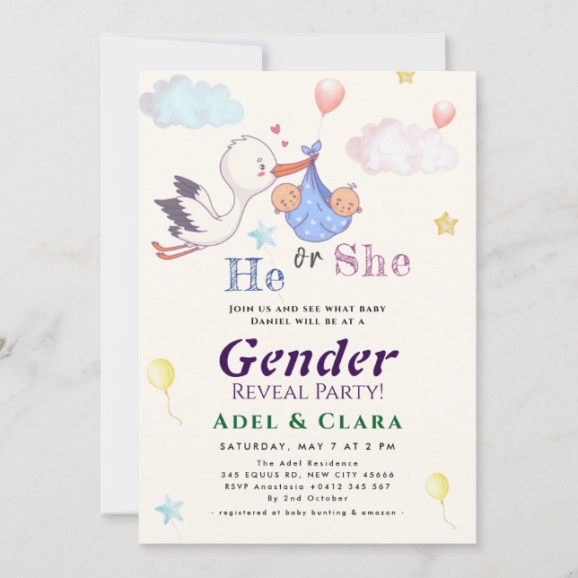 He or She Gender Reveal Invitation Inbjudningar (Framsida)