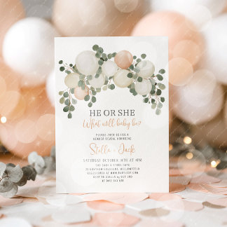 He or She Greenery Balloon Garland Gender Reveal Inbjudningar
