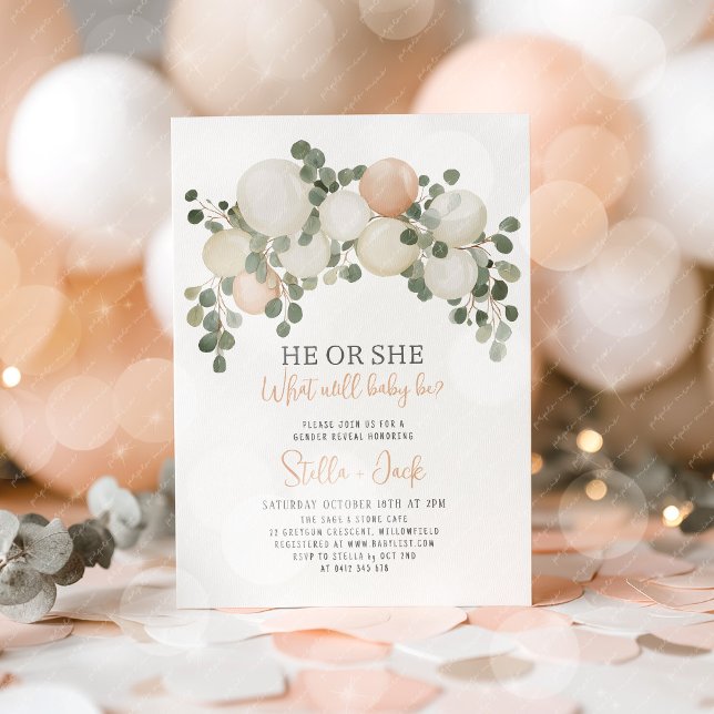 He or She Greenery Balloon Garland Gender Reveal  Inbjudningar (He or She Gender Reveal Invitation )