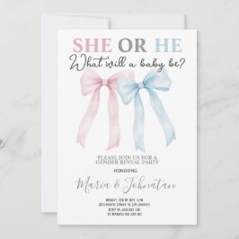 He or She Pink Blue Bow Baby Gender Reveal Inbjudningar