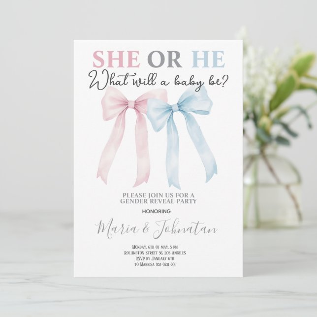He or She Pink Blue Bow Baby Gender Reveal Inbjudningar (Stående Fram)