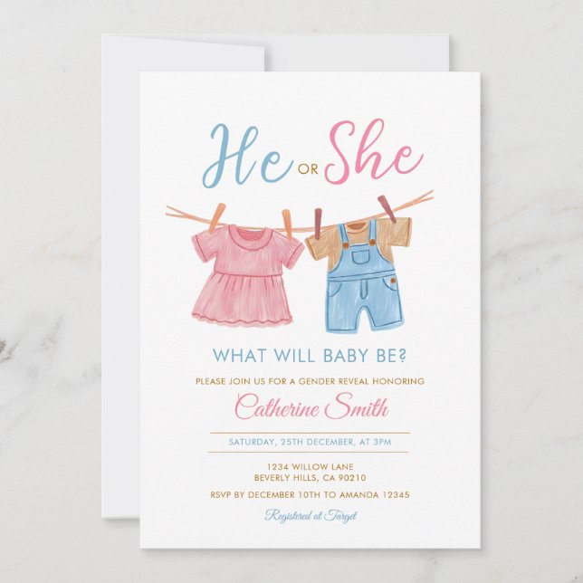 He or She Pink & Blue Clothesline Gender Reveal  Inbjudningar (Framsida)