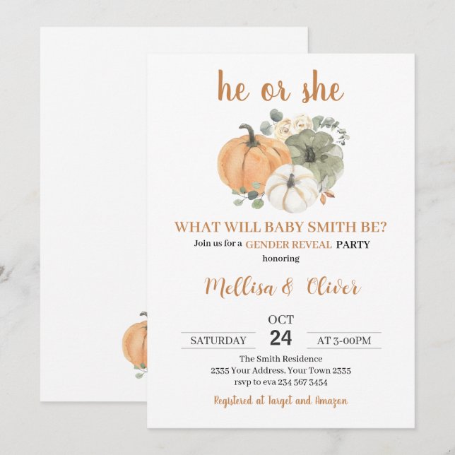He or She Pumpkin Fall Gender Reveal Inbjudningar (Fram/baksida)